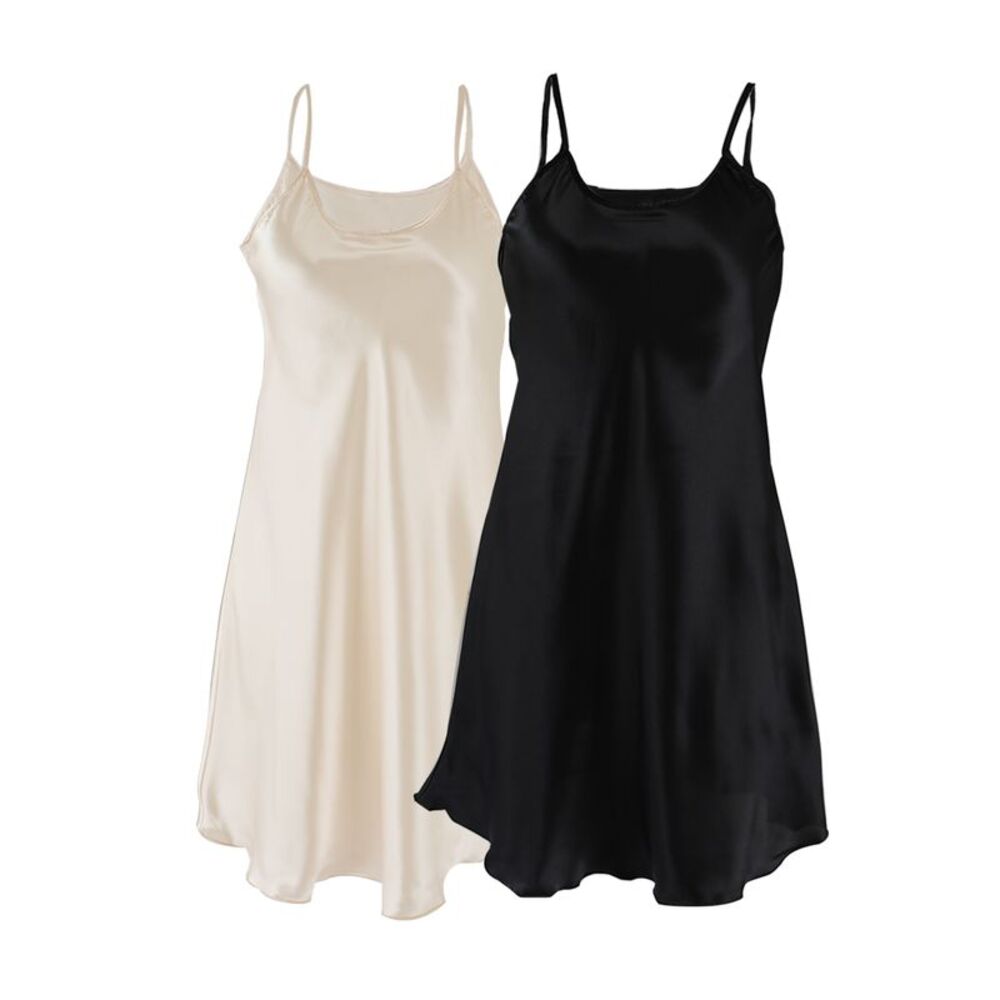 Sleepwear Full Slip Lotus Leaf Hem Dress Nightgown 2 Pcs Black+Champagne
